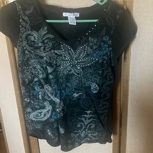 FINAL MARKDOWN Rxb Black and Blue Graphic Cap Sleeve tee medium